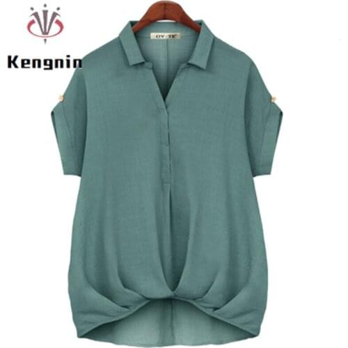 Plus Size 5XL Womens Summer Blouse Asymmetrical Designer Office Lady Work Shirts Loose Short Sleeve Pleated Female Tops KE1626