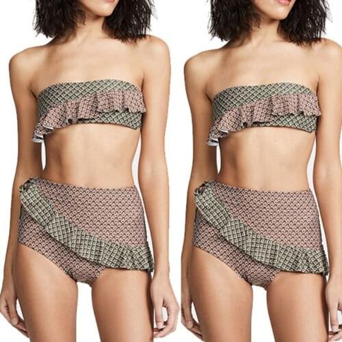 Women Sexy 2Pcs Bikini Set Irregular Ruffles Patchwork Bandeau Tube Top Swimsuit High Waist Contrast Color Bathing Suit