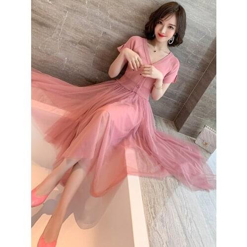 Top Quality Around the lady V-neck Knitting stitching mesh fake two piece dress in summer