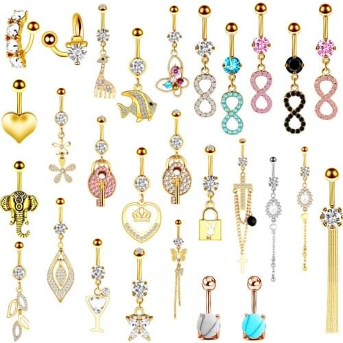 1/2Piece Gold Color Heart belly button ring 14G belly ring cute navel piercing bar sexy belly piercing dangle navel ring lot