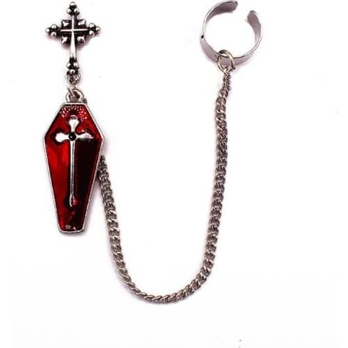 1Pc Gothic Red Spider Cross Coffin Finish Long Chain Ear Cuff Dangle Earr F3MF