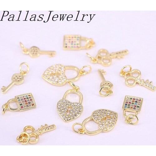 20Pcs Fashion Clear Rainbow CZ Micro Pave Heart lock Pendant Accessories Gold Color Charm For DIY Jewelry Making