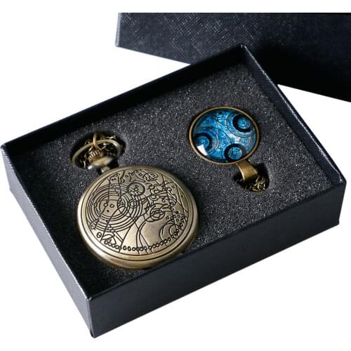 3pcs/set Antique Retro Time Lord Seal Quartz Pocket Watch Chain Necklace Symbols Glass Dome Pendant Necklace Chain Gifts Set Box