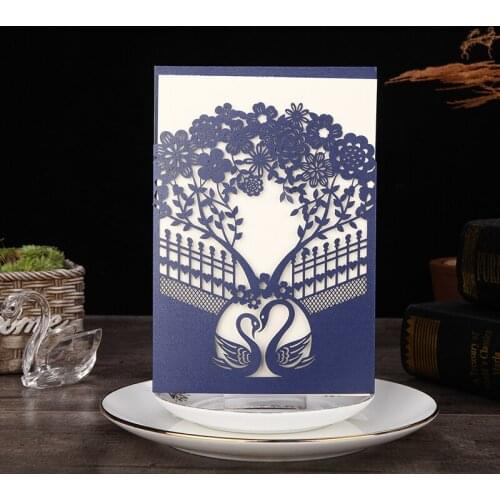 50pcs Blue Laser Cut Swan Tree Wedding Invitations Card Greeting Card Customize Envelopes Birthday Wedding Event Party Supplies