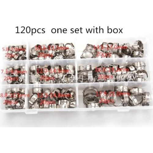 Free shipping Pipe Clamp High Quality 120Pcs 7-21mm 304 Stainless Steel Single Ear Stepless Hose Clamps Assortment Kit
