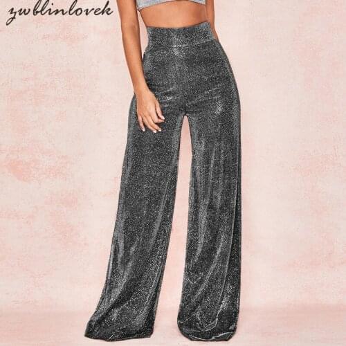 Sexy Shiny Pants Party Women Flare Pants High Waist Reflective Wide Leg Pants Zipper Casual Silver Long Trousers Mujer 2C0044