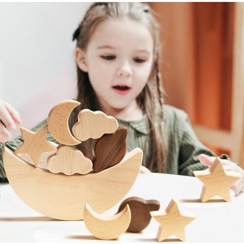 Baby Wooden Jenga Stars and Moons Shape Montessori Early Educational Toy Balance Stacked Games BPA Free Teether Kid Presents