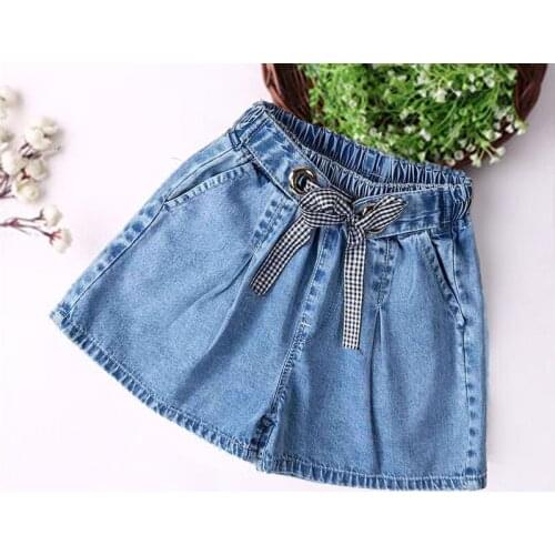 Summer New Girls Pants Korean Solid Color Lace-up Denim Jean Shorts Childrens Hot Pants Casual Elastic Waist Trousers Clothes