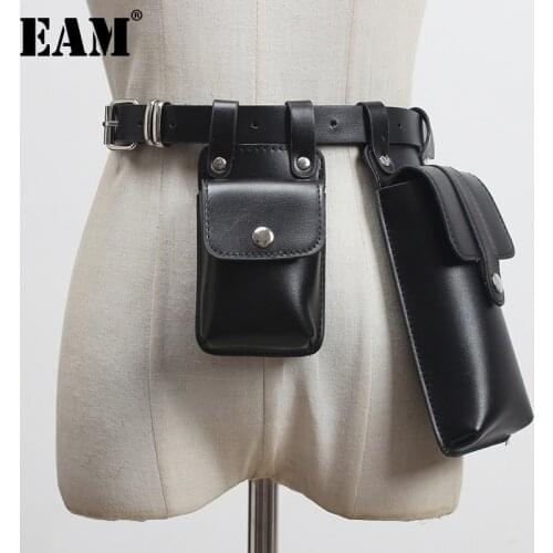 [EAM] Pu Leather Black Mini-bag Irregular Long Belt Personality Women New Fashion Tide All-match Spring Autumn 2021 1DA525