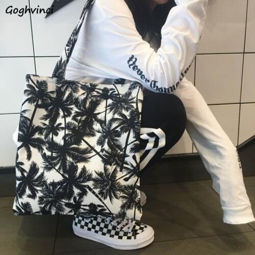 Shopping Bags Harajuku Retro Coconut Tree Printed Large Capacity Korean Casual Ins Students Tote Canvas Bag Eco Foldable Chic