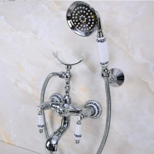 Chrome Silver Wall Mounted Rain Shower Faucet Round Handheld 2 Handle Luxury Bathroom Mixer Tap Set zna242
