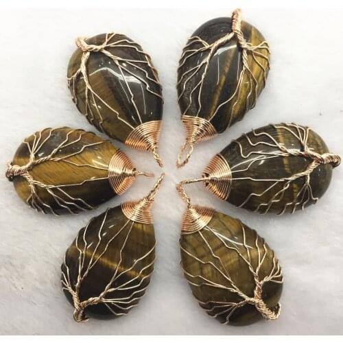Teardrop Tiger Eye Stone Crystal Gold Color Wire Wrap Handmade Tree of Life Drop Shape Natural Pendants
