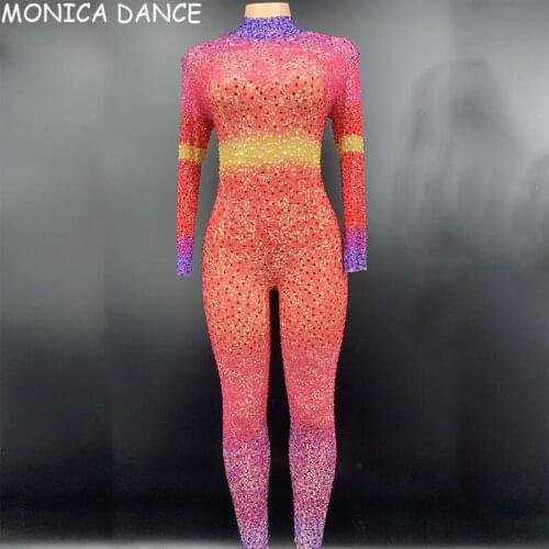 Women Sexy Stage Multi-color Rhinestones Transparent Jumpsuit bar Women Dancer Leggings Stage Wear Birthday Celebrate Outfit