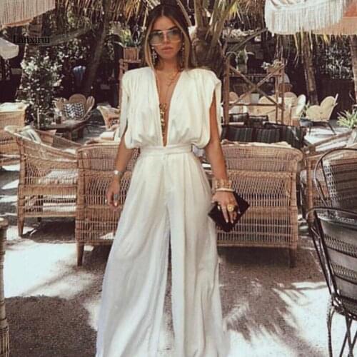 Sexy Deep V-Neck Open Back Loose Wide Leg Shape Jumpsuit Long Pants Summer Jumpsuit Elegant Woman Jumpsuits