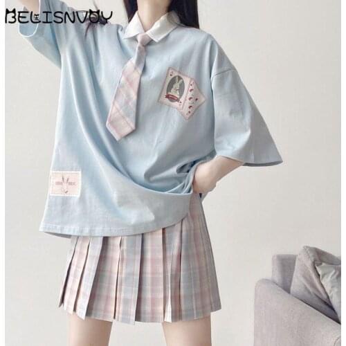 Preppy Japan Jk Uniform Skirt Suit Soft Girl Cute Rabbit Print Short-sleeved T-shirt + Grid Pleated Skirt 2021 Suit/single Piece