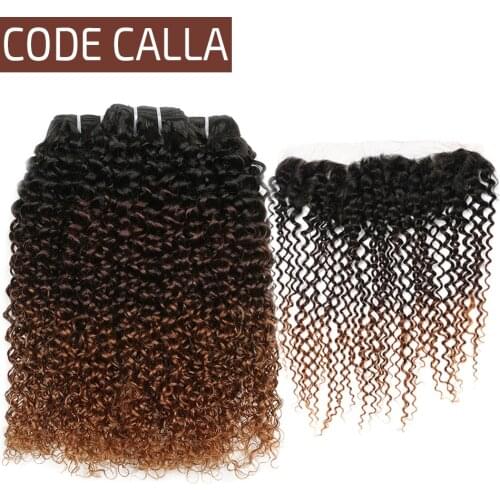 Kinky Curly Hair 3 Bundles with Frontal Brazilian Ombre Curly Weave Human Hair Bundles with 13*4 Lace Frontal CodeCalla T1B/4/30