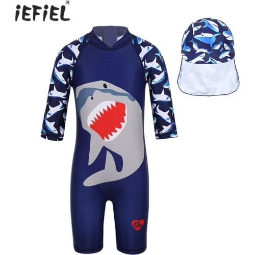 Toddler Kids Boys Swimwear One-piece Shark Pattern Printed Zipper Rash Guard Swimsuit Swimwear Bathing Suit with Swimming Cap