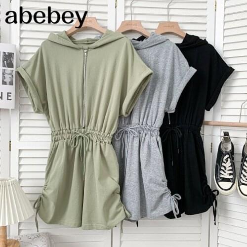 Fashion hooded collar short sleeve Rompers high waist pleated drawstring bandage casual wide leg Rompers 2021 New Spring Autumn