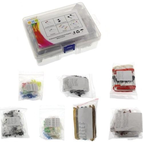 Boxed 7 Types Electronic Components Assortment Kit LED Metal Film Resistors Aluminum Electrolytic Capacitors Transistors Set