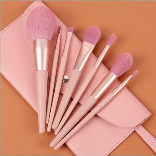7pcs wooden handle pink makeup brush set makeup tools with cosmetic bag