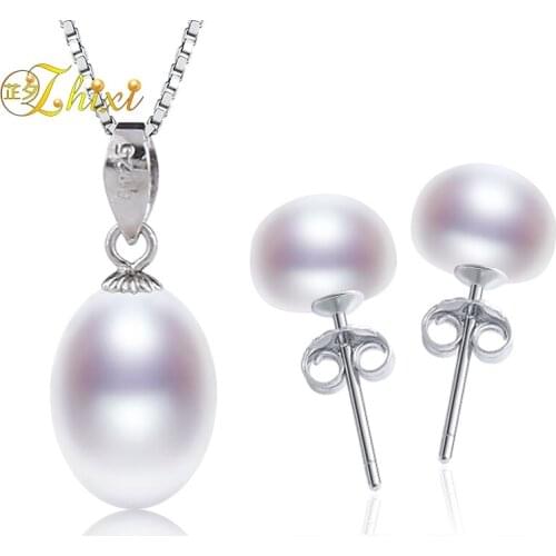 ZHIXI Pearl Jewelry Set White Natural Pearl Necklace Pendant Earrings Party Christmas Gift Fine Jewelry For Girl T234