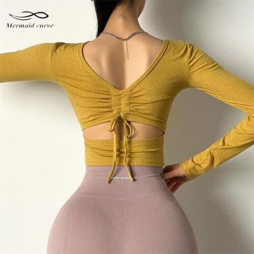 Autumn New Style European And American Style Women Workout Clothes Back Drawstring Running Quick Dry Gym Sports Yoga Shirts