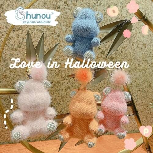 New Luxury Pompom Rhinestone Keychain Cute Rabbit Bear Plush Dinosaur Key Chains for Woman Bag Pendant Valentines Day Present