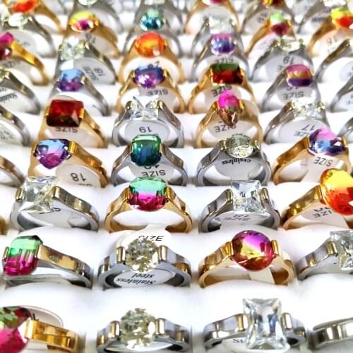 Wholesale 24pcs/lot Clear Crystal Shiny Bright Womens Gold Silver Stainless Steel Charm Stone Ring Wholesale Girls Accessories