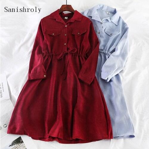 Sanishroly Autumn Women Long Sleeve A-Line Dress Tie Drawstring High Waist Dresses Female Button Pockets Long Dress Vestidos 075