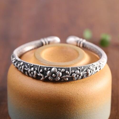 990 Pure Silver Open Bangles for Women Men Thai Silver Plum Blossom Bracelet Jewelry Gift Accessories