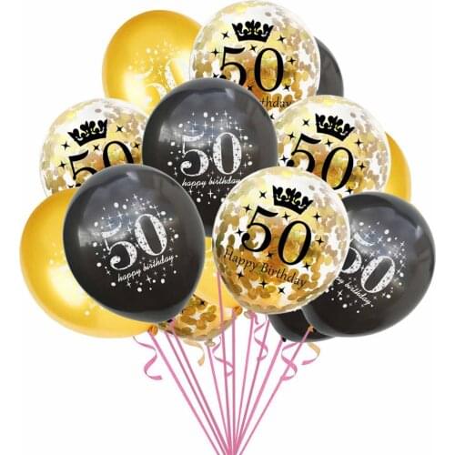 15pcs 12inch Gold Silver Black Latex Balloons 50 Years Happy Birthday Party Decorations Adult Helium Balloon 50th Birthday Dec