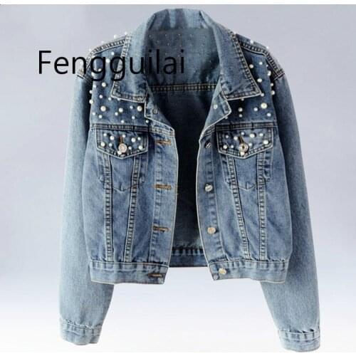 Plus Size Pearl Beading Short Denim Jackets 3Xl 5Xl Women White Wash Long Sleeve Vintage Casual Jean Jacket Bomber Denim Coat