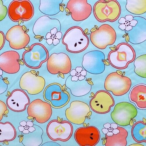 1 yard Cotton Twill Fabric for sewing pathwork, cloth, bedding - Apple and flower （light blue) (width=160cm)