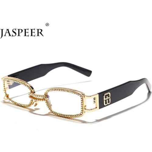JASPEER Diamond Rectangle Sunglasses Women Men Rhinestone Punk Sun Glasses Vintage UV400 Sunglasses Optical Frames Eyewear