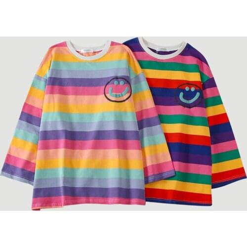 Spring Womens T-shirts Korean Women Casual Oversized Rainbow Stripes T-shirt Harajuku O-neck Top Long Sleeve Students T Shirt
