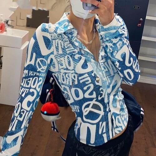 Women Button Down Lapel Shirts, Vintage Letter Print Long Sleeve V Neck Slim Fit Tops