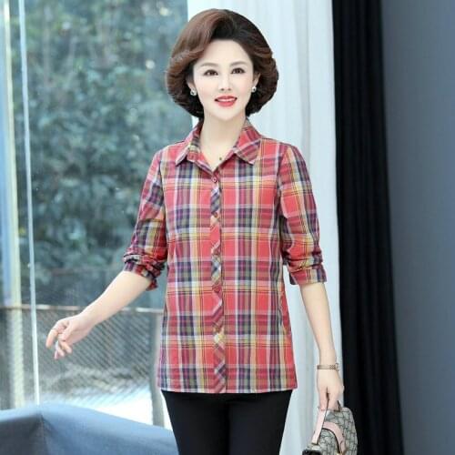Middle Aged Women Green Orange Red Plaid Shirt Spring Three Quater Sleeve Turn Down Collar Checked Pattern Cotton Top Mother