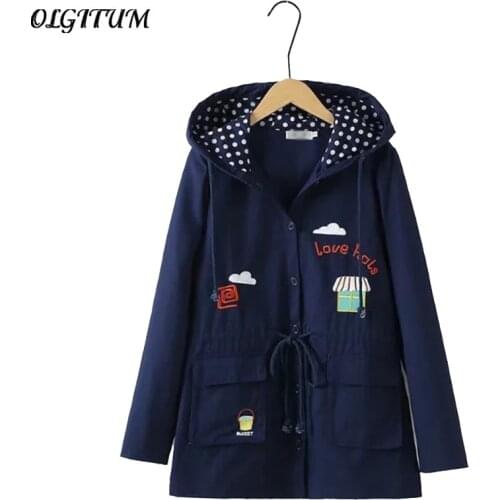 2019 Autumn Fashion Women windbreaker Loose jacket Cute Embroidery outwear Pocket Hooded Trench Coat With Belt Female