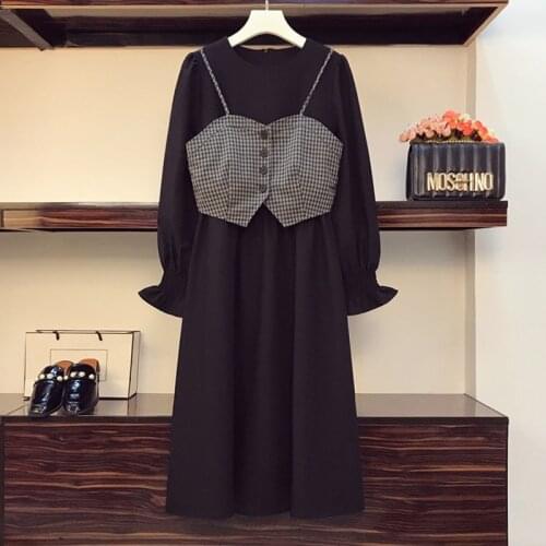 Plus Size Women Trendy Vintage Suit Plaid Vest Crop Top And Long Sleeve T Shirt Dress Two Piece Set 2021 Autumn Women Clothing