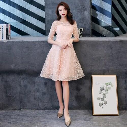 Women Birthday Party Dress Pink Illusion O-neck Half Sleeve A-line Evening Dress Back Hide Zipper Haute Couture