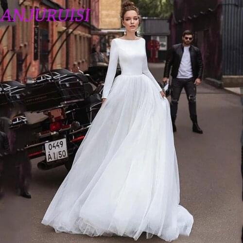 ANJURUISI Long sleeves Simple A Line Wedding Dresses 2020 Tulle Wedding Bridal Gowns vestido de noiva sheer beach wedding guest