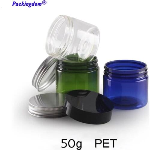 30pcs Empty Cosmetic Jar Clear Plastic Tin Box Aluminum Cap Blue Green Makeup Face Cream Container Pot Bead Storage Bottle 50g