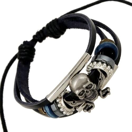 Fashion Viking Men Bracelet Cow Leather Strand Skull Multi-Layer Wrap Bangle Male Pulseiras Hand Made Punk Bracelets Bileklik