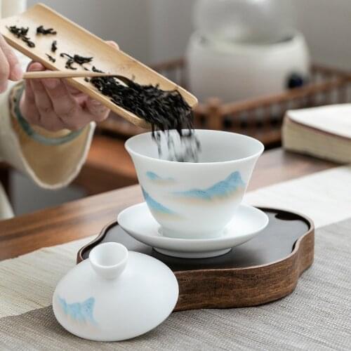 Whiteware Cover Bowl Kung Fu Tea Set Tea Cup Three-Force Tea Bowl Large Single Household Half-Handmade Tea Makeving Gaiwan