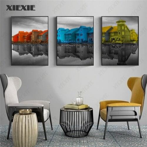 Black and White Poster Blue Yellow Orange Building House Modern Landscape Canvas Painting Nordic Style Wall Art Home Decor