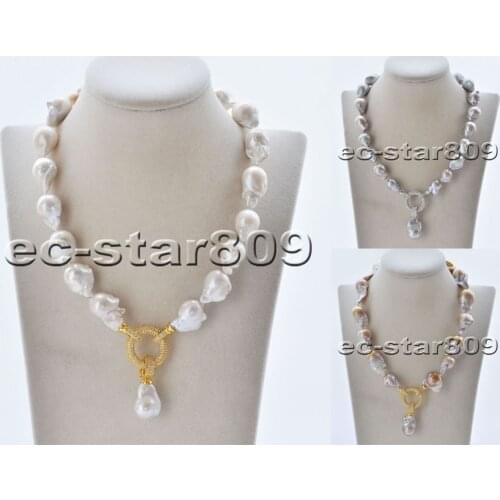 D0368 17" 24mm white gray lavender Baroque Keshi Reborn Pearl Choker Necklace Pendant CZ