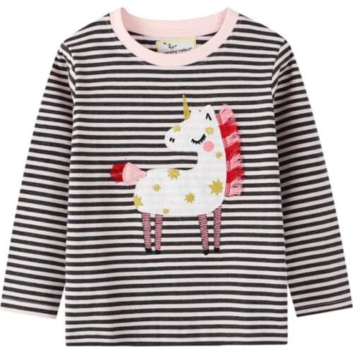 Jumping meters Unicorn Applique Girls T shirt New Cotton Baby Clothes Long Sleeve Stripe Kids Tops for Toddler Girls Shirts