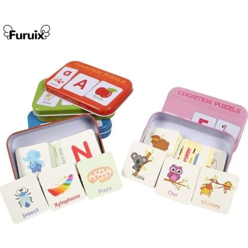 Baby Cognition Puzzle Toys Toddler Kids Iron Box Cards Fruit Animal Alphanumeric Cards Puzzle Visual Development Learning Card