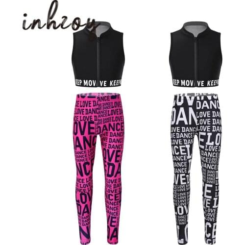 Kids Girls Dance Sets Tracksuit Outfit Letter Printed Tanks Crop Top With Leggings Tights For Ballet Stage Performance Workout