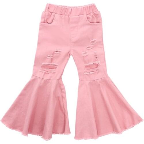 Toddler Little Kid Girls Denim Jeans Bell Bottom Flare Pants Leggings Trousers Solid Ripped Flare Denim Pants Pink Black 3-7Y